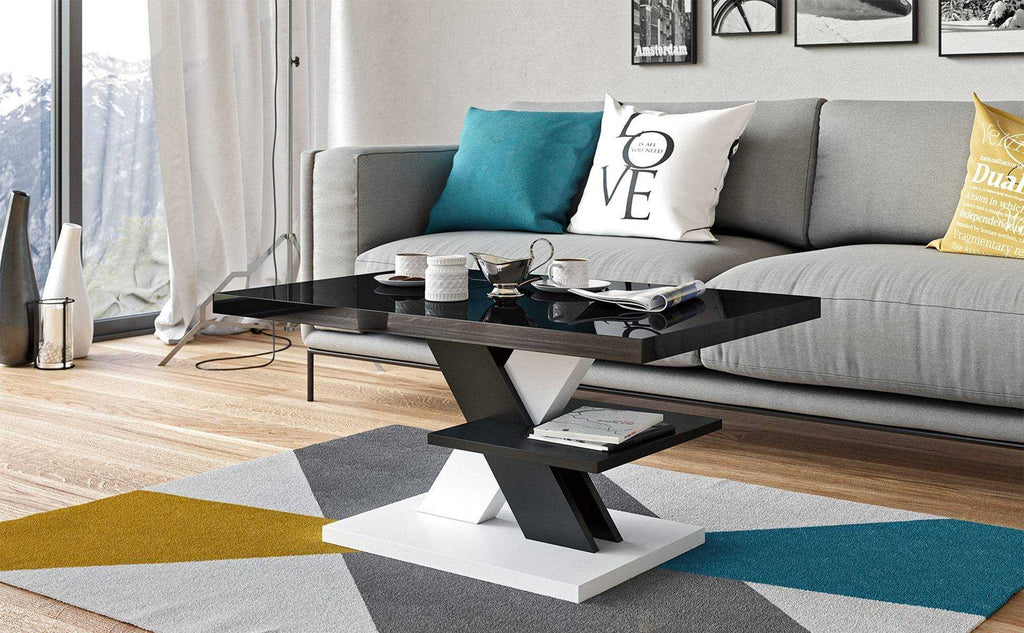 Contemporary coffee table featuring a high gloss black tabletop, modern design with black and white cross legs, and a sleek white table foot. Stylish living room furniture, glossy surface, minimalist decor, and monochrome color scheme