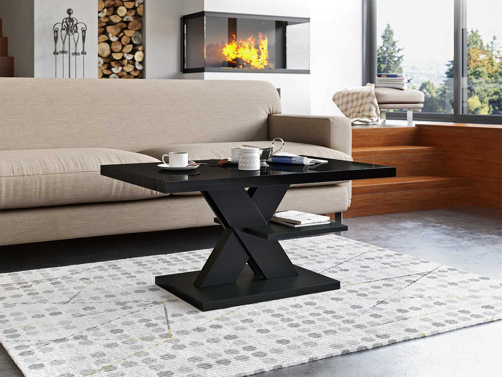 Sleek all-black coffee table with a high gloss tabletop, contemporary design, and minimalist aesthetic. Stylish living room furniture, glossy surface, and modern monochrome decor.