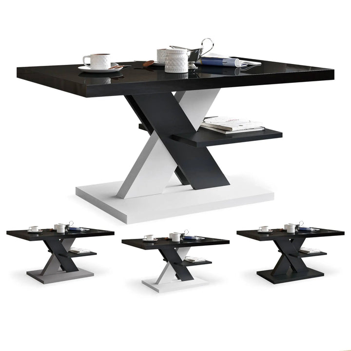 A glossy black coffee table with an X-shaped base and storage shelf, shown in multiple color options.