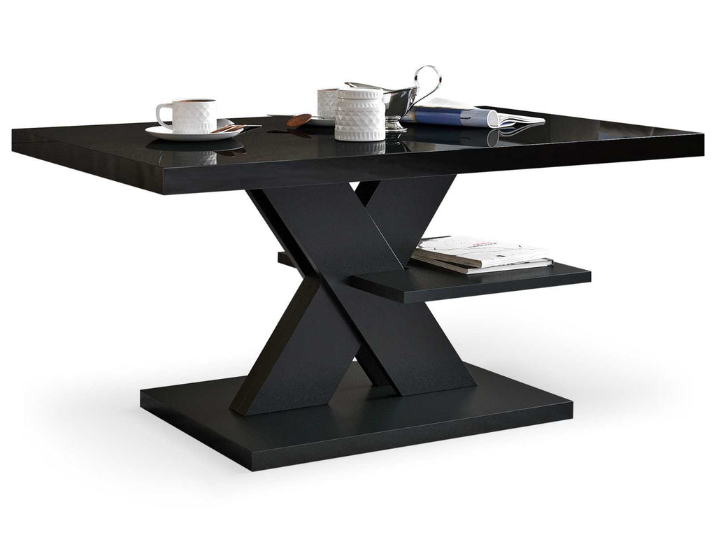 Sleek all-black coffee table with a high gloss tabletop, contemporary design, and minimalist aesthetic. Stylish living room furniture, glossy surface, and modern monochrome decor.