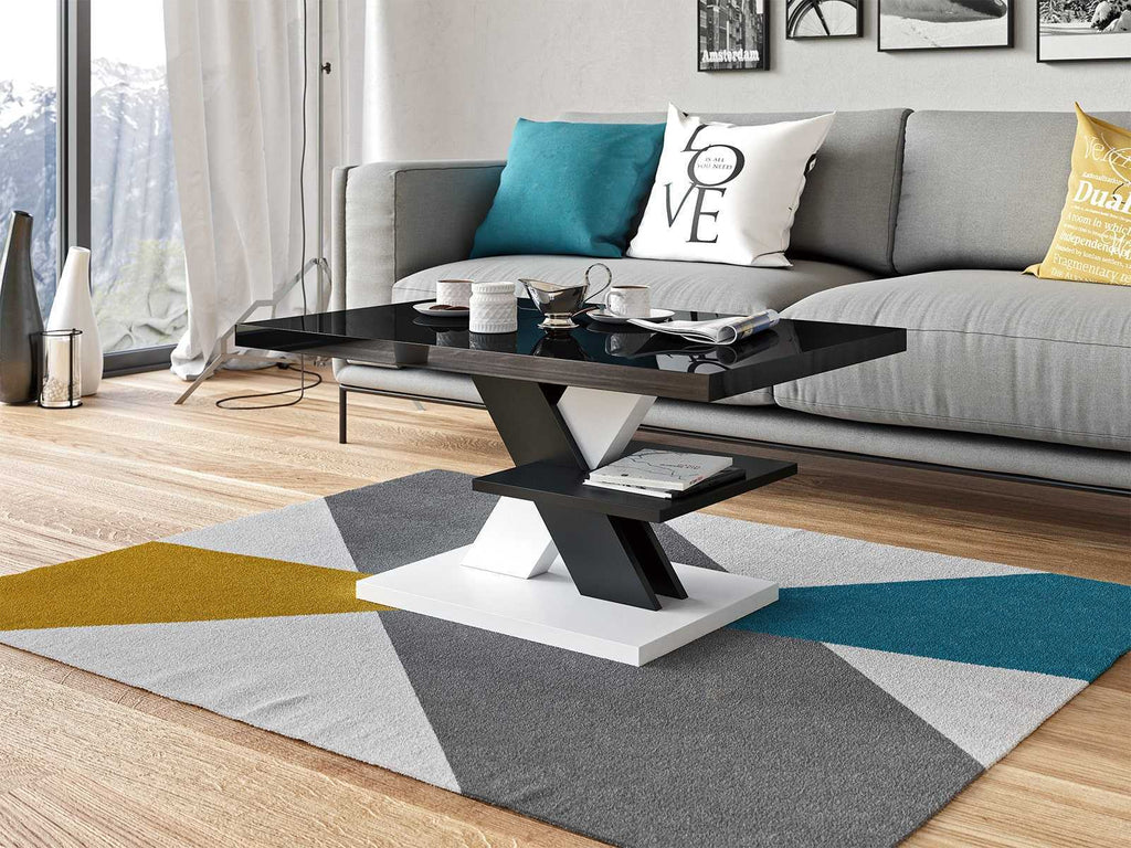 Contemporary coffee table featuring a high gloss black tabletop, modern design with black and white cross legs, and a sleek white table foot. Stylish living room furniture, glossy surface, minimalist decor, and monochrome color scheme