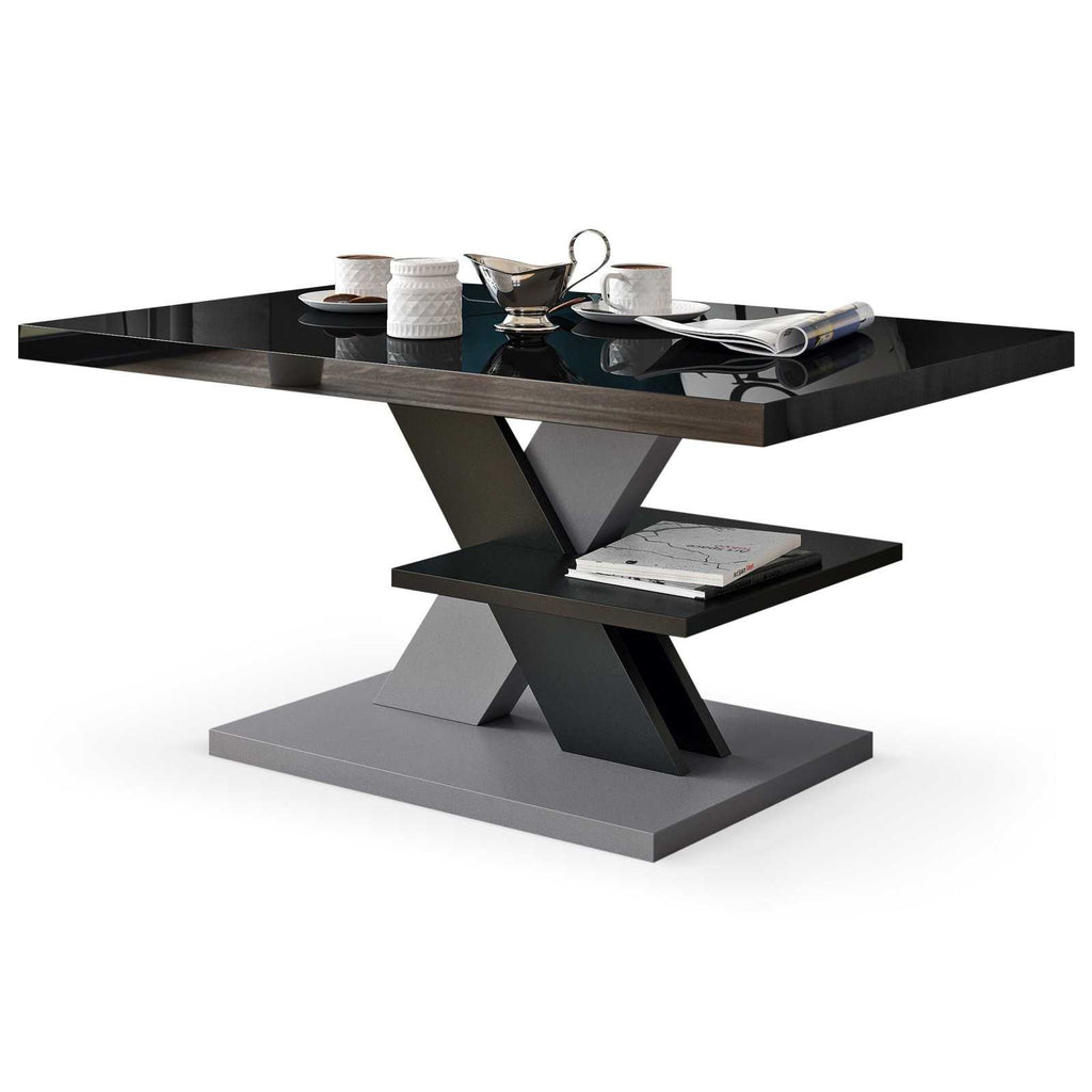 Modern coffee table featuring an all-black high gloss tabletop and stylish gray legs for a contemporary touch. Sleek living room furniture, glossy surface, minimalist design, and versatile gray accents