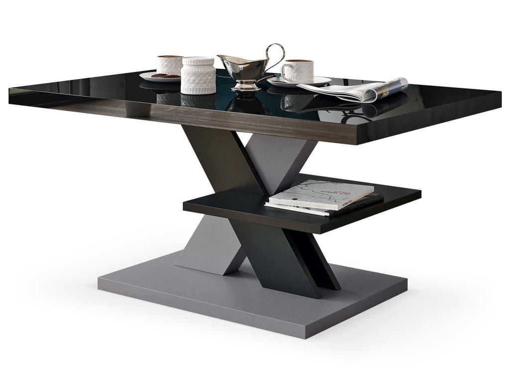 Modern coffee table featuring an all-black high gloss tabletop and stylish gray legs for a contemporary touch. Sleek living room furniture, glossy surface, minimalist design, and versatile gray accents