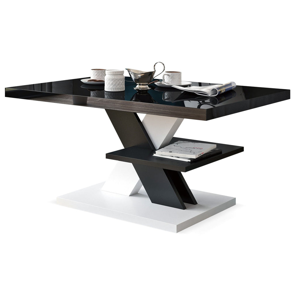 Contemporary coffee table featuring a high gloss black tabletop, modern design with black and white cross legs, and a sleek white table foot. Stylish living room furniture, glossy surface, minimalist decor, and monochrome color scheme