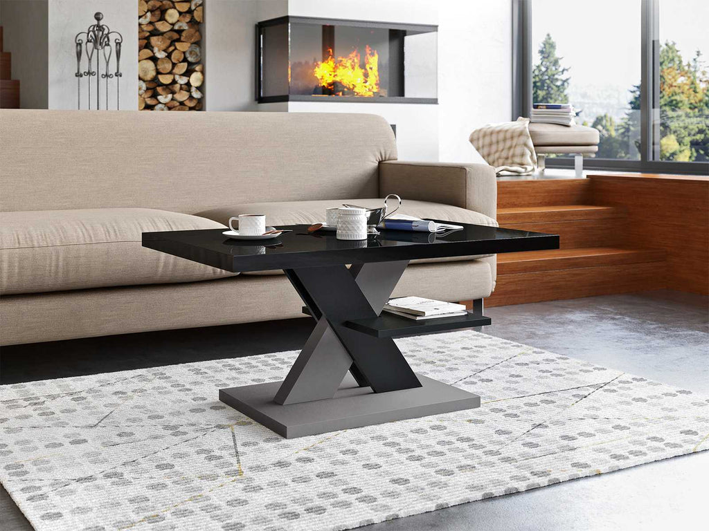 Modern coffee table featuring an all-black high gloss tabletop and stylish gray legs for a contemporary touch. Sleek living room furniture, glossy surface, minimalist design, and versatile gray accents