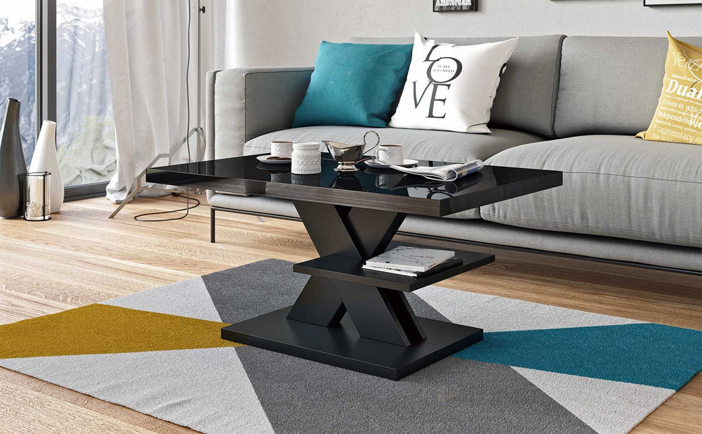 Sleek all-black coffee table with a high gloss tabletop, contemporary design, and minimalist aesthetic. Stylish living room furniture, glossy surface, and modern monochrome decor.