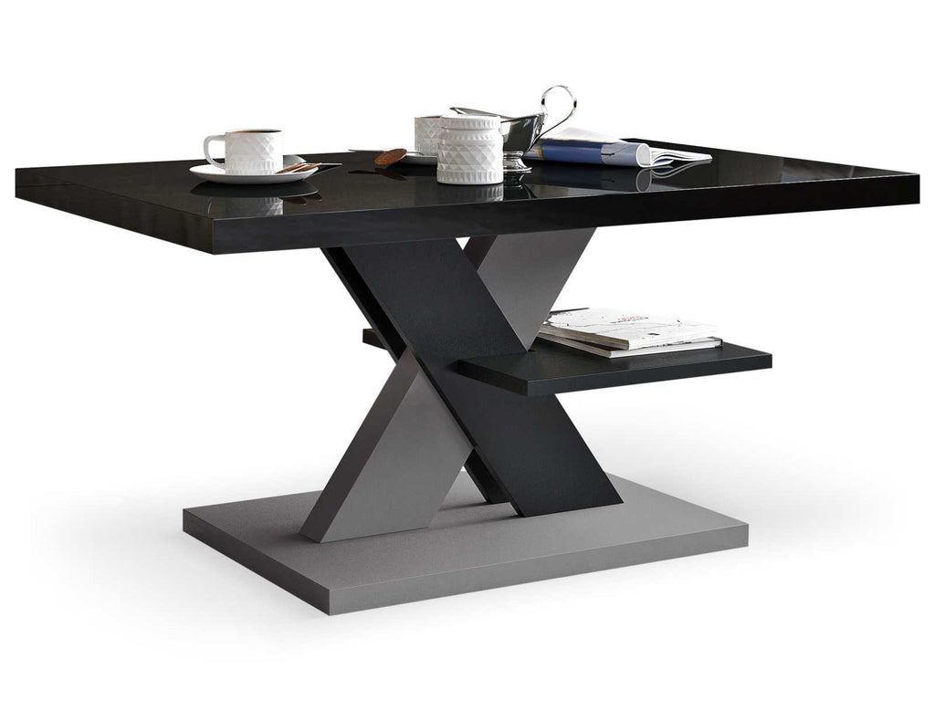 Modern coffee table featuring an all-black high gloss tabletop and stylish gray legs for a contemporary touch. Sleek living room furniture, glossy surface, minimalist design, and versatile gray accents