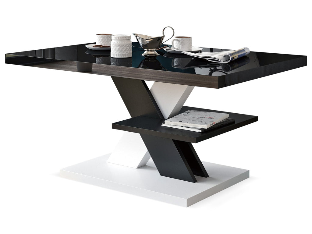 Contemporary coffee table featuring a high gloss black tabletop, modern design with black and white cross legs, and a sleek white table foot. Stylish living room furniture, glossy surface, minimalist decor, and monochrome color scheme