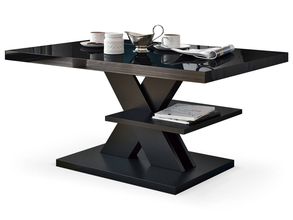 Sleek all-black coffee table with a high gloss tabletop, contemporary design, and minimalist aesthetic. Stylish living room furniture, glossy surface, and modern monochrome decor.