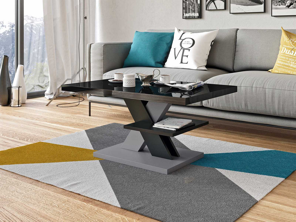 Modern coffee table featuring an all-black high gloss tabletop and stylish gray legs for a contemporary touch. Sleek living room furniture, glossy surface, minimalist design, and versatile gray accents