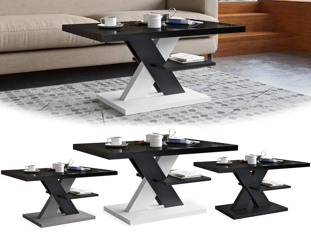 comparison of 3 Contemporary coffee table featuring a high gloss black tabletop, modern design with black and white cross legs, and a sleek white table foot. Stylish living room furniture, glossy surface, minimalist decor, and monochrome color scheme