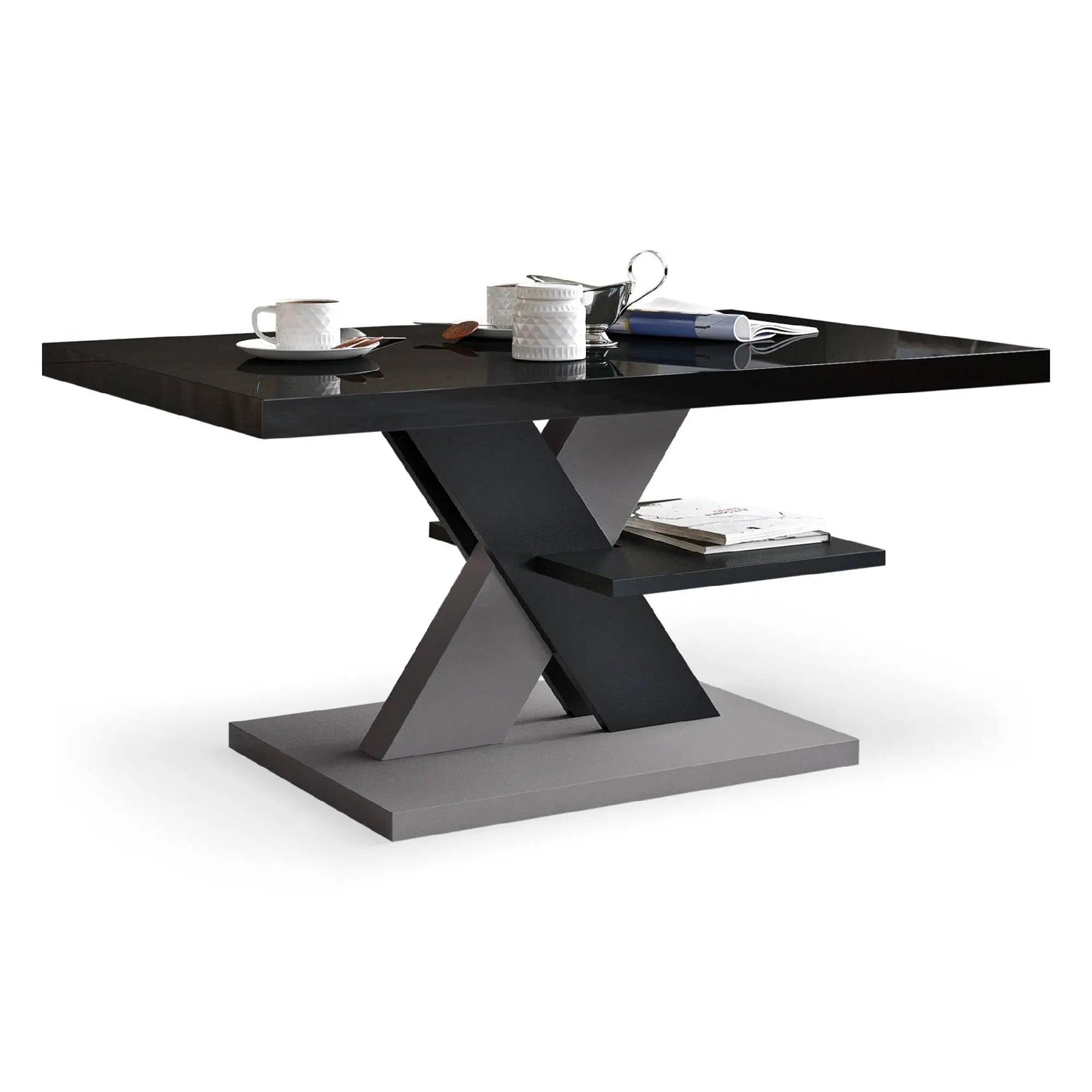 A glossy black coffee table with a grey X-shaped base and integrated storage shelf, offering a modern design.