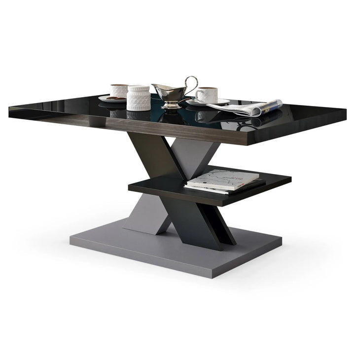 Glossy black tabletop with a sturdy grey X-shaped base, featuring a functional lower shelf for storage.