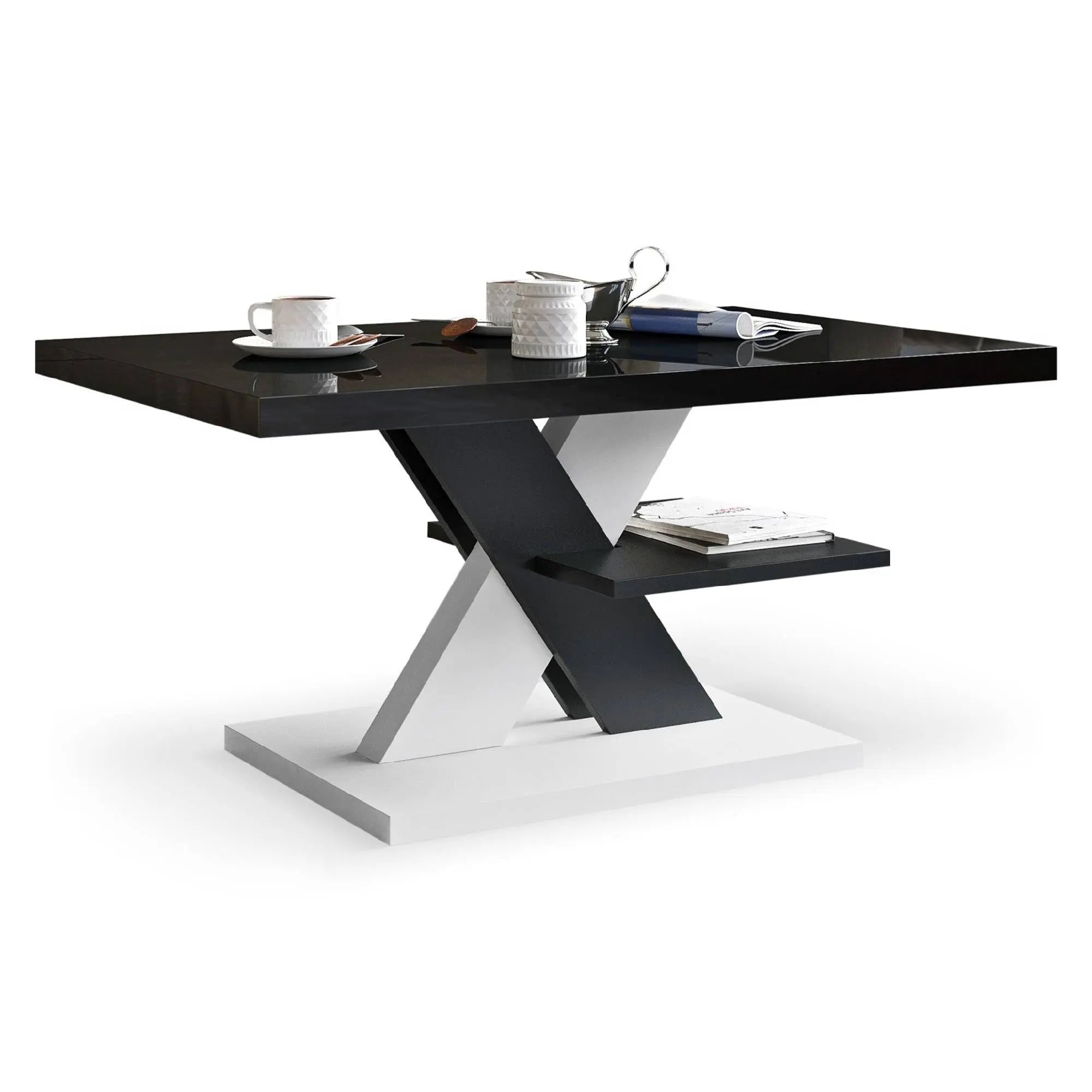 A glossy black coffee table with a white X-shaped base and integrated storage shelf, offering a striking modern design.