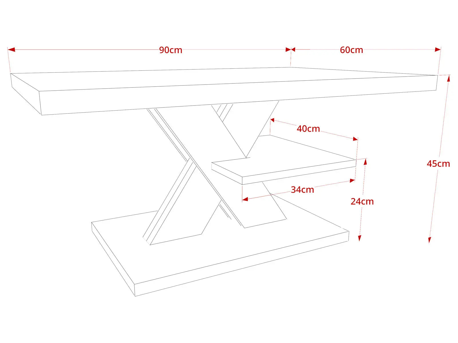 A line drawing of the coffee table with detailed dimensions: 90cm (length), 60cm (width), 45cm (height), and shelf heights of 24cm and 34cm.