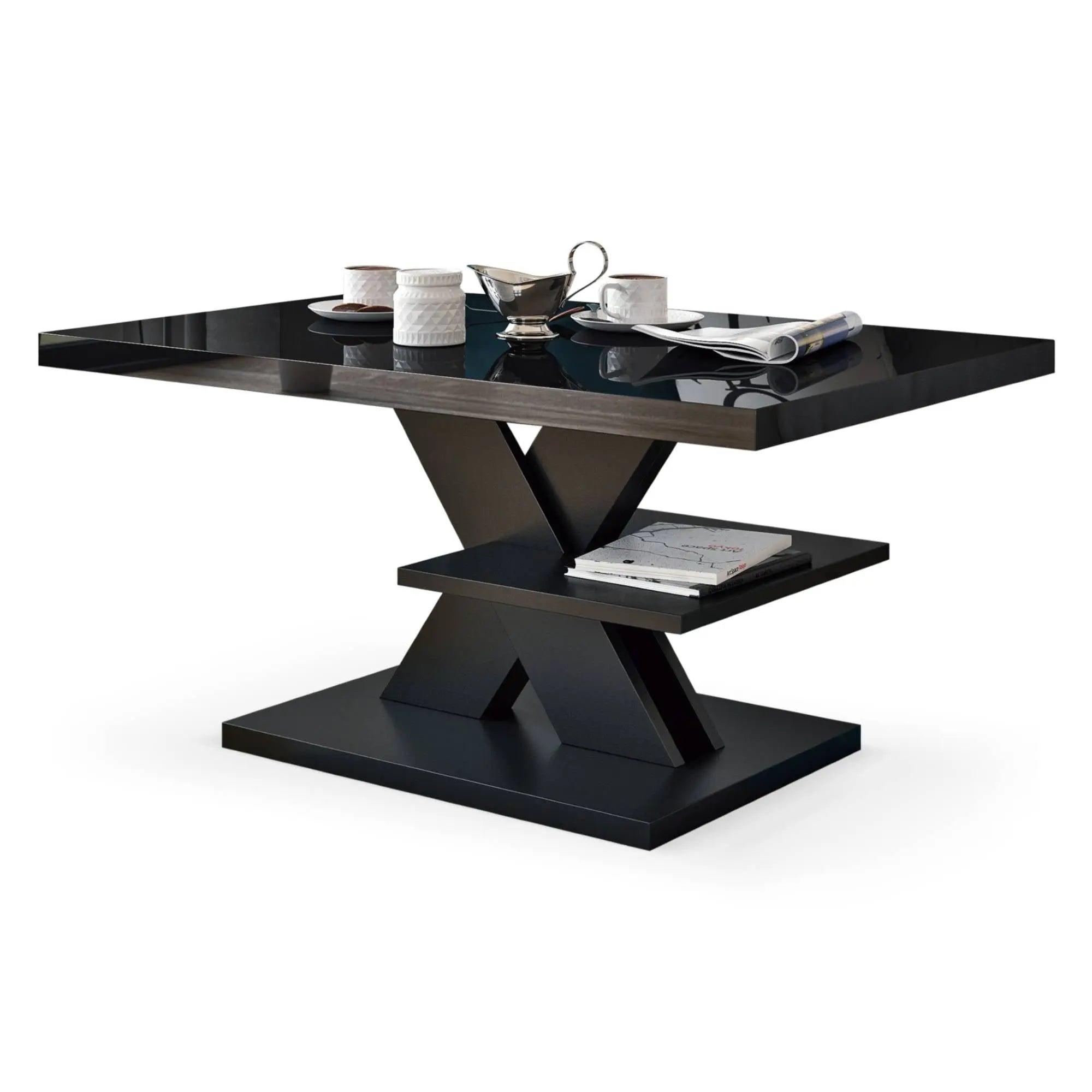 A modern black coffee table with a bold X-shaped base, spacious tabletop, and convenient lower storage shelf.